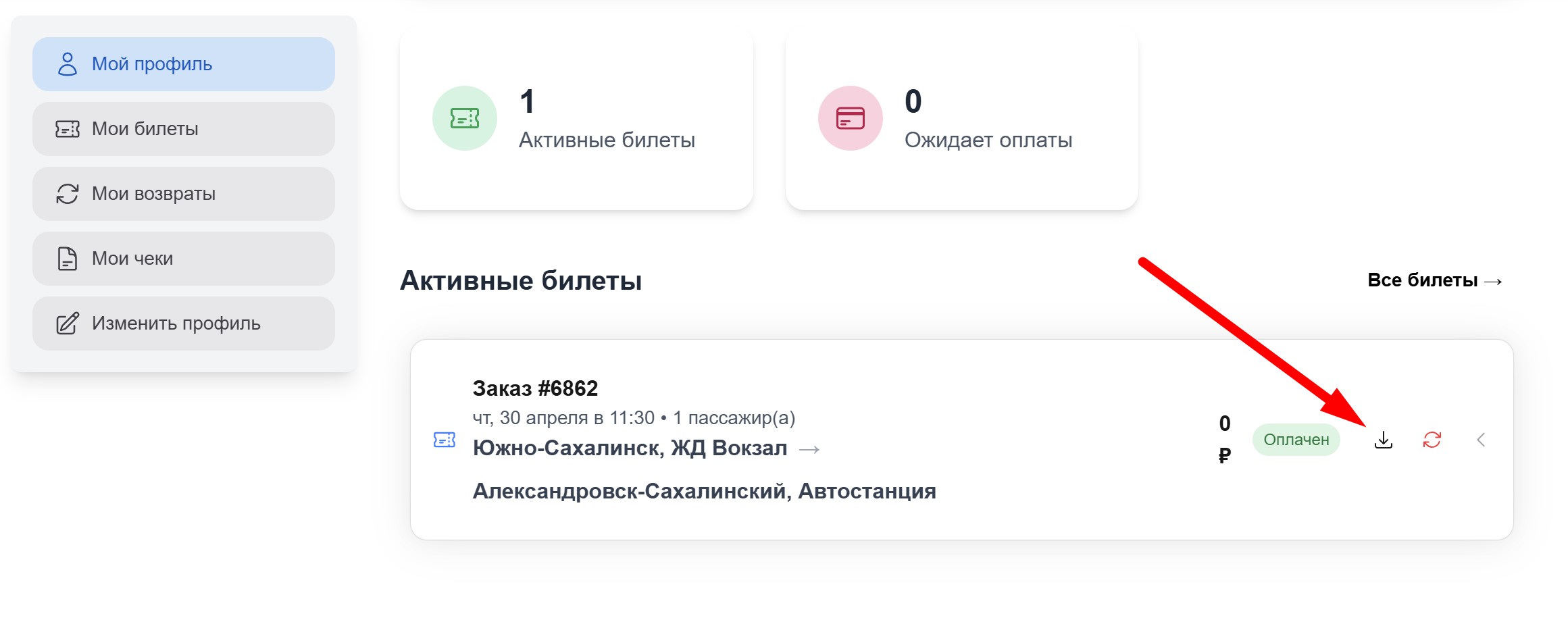 Скачивание билета в личном кабинете